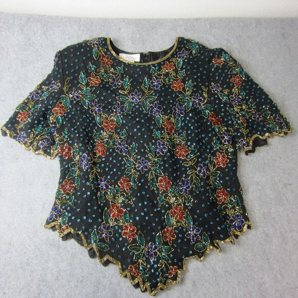 Lawrence Kazar Top Adult Women Beaded Floral  Short Sleeve Blouse Silk 2X Plus - Picture 7 of 16
